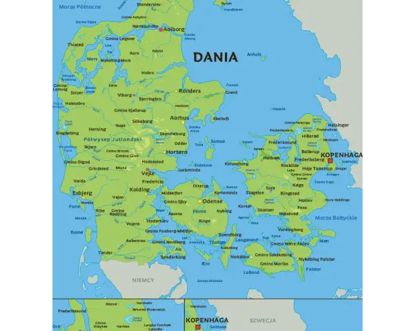 Mapa Danii z zaznaczoną Kopenhagą. Gdzie jest Kopenhaga? Na wschodnim wybrzeżu, na wyspie Zelandia.