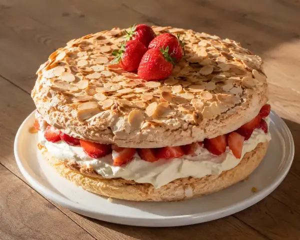 En Pinocchiotårta med lemoncurd, vispgrädde och färska jordgubbar, toppad med mandelspån.