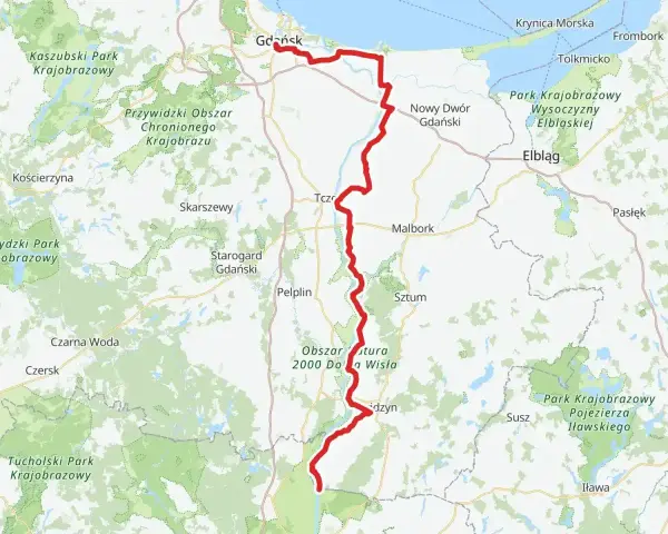 Mapa z zaznaczonymi trasami rowerowymi Wisła, od Gdańska przez Malbork po okolice Jezioraka.