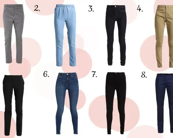 Osiem par spodni: szare w kratkę, błękitne jeansy, czarne rurki, beżowe chinosy, czarne eleganckie, niebieskie jeansy, czarne skinny, granatowe. Jaki to rozmiar?