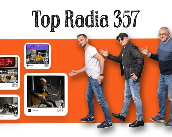 Trzech mężczyzn idzie w rytm muzyki, a obok nich widnieje napis "Top Radia 357".