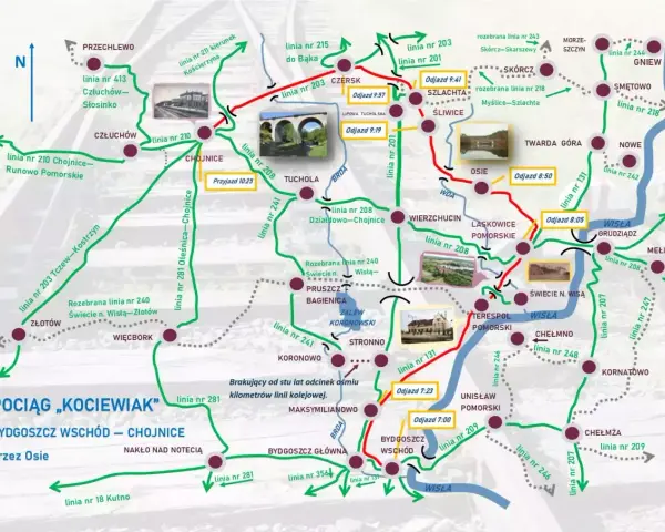 Mapa kolejowa z trasą pociągu "Kociewiak" Bydgoszcz Wschód - Chojnice przez Osie. Widoczne stacje i linie kolejowe.