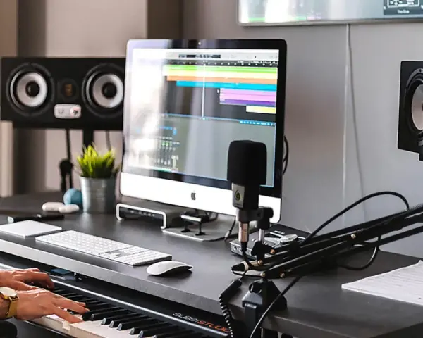 Producent muzyczny gra na pianinie w studiu, otoczony sprzętem, w tym monitorami studyjnymi EVE Audio SC307.