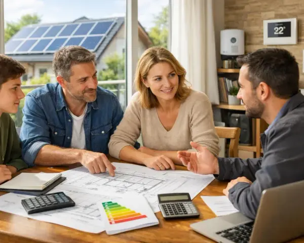 Une famille discute d'un projet de rénovation avec un conseiller. Ils examinent des plans et des calculs, visant un **prêt vert** pour des travaux écologiques.