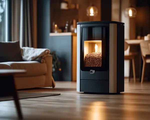 Stufa a pellet moderna in un soggiorno accogliente, pronta per la pulizia e per riscaldare l'ambiente.