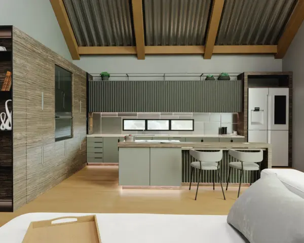 Cocinas modernas con tonos verdes y madera, un diseño elegante y funcional.