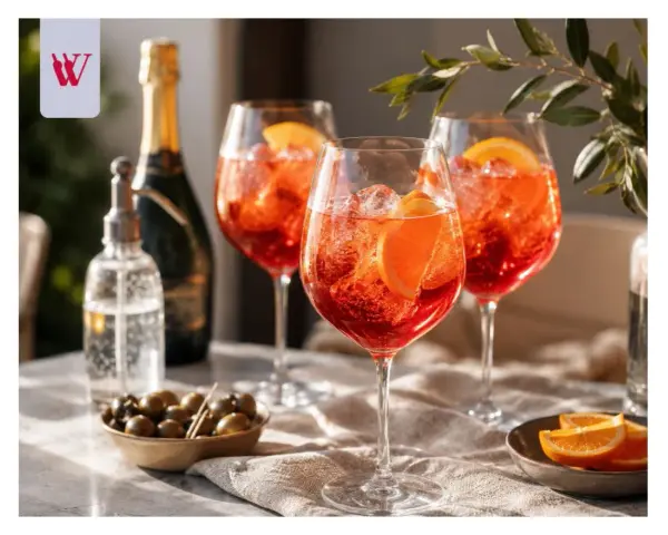 Idealny Campari Spritz przepis na letnie popołudnie. Trzy kieliszki pełne orzeźwiającego drinka z pomarańczą i lodem.