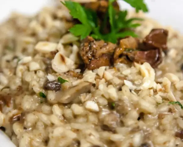 Cremoso risotto de boletus con trozos de champiñones, nueces picadas y perejil fresco.