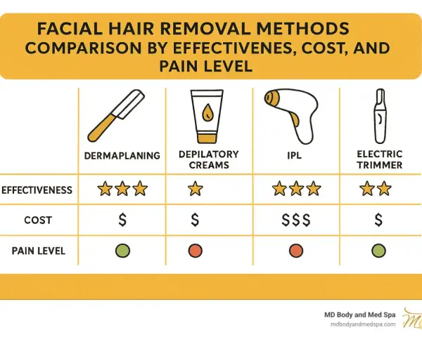 Comparing facial hair removal alternatives to laser: Dermaplaning, depilatory creams, IPL, and electric trimmers, rated by effectiveness, cost, and pain.