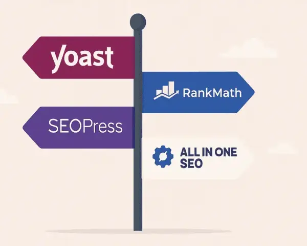Panneau directionnel présentant les options pour le meilleur plugin SEO WordPress : Yoast, SEOPress, RankMath et All in One SEO.