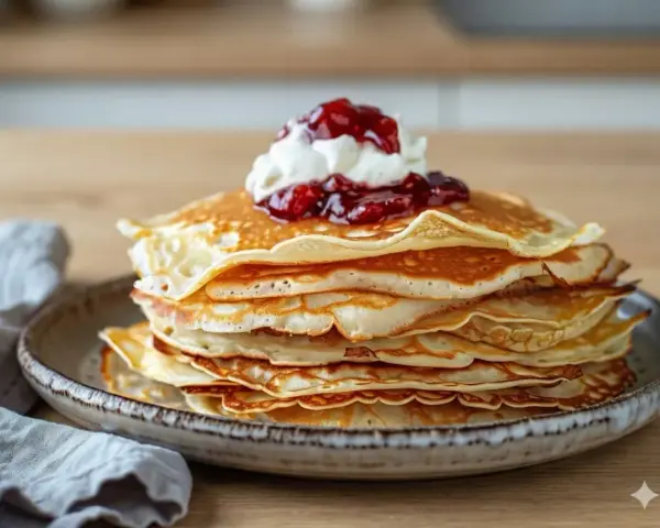En hög med fluffiga svenska pannkakor toppas med vispad grädde och sylt. Perfekt för en mysig fika.