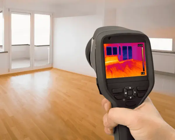 Caméra thermique utilisée pour comment detecter une fuite d'eau sous un carrelage. L'écran montre des variations de température, indiquant une potentielle humidité.