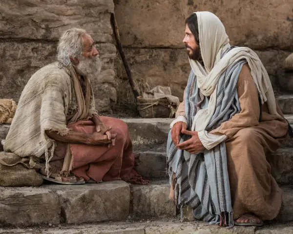 Jesus Christus im Gespräch mit einem älteren Mann auf Steinstufen.