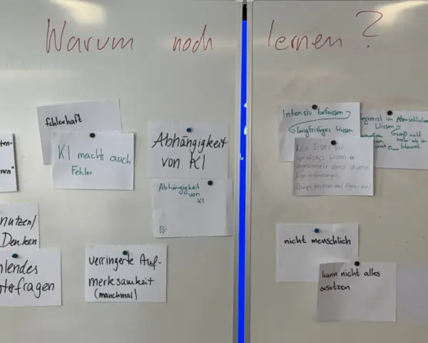 Notizen an einer Tafel: "Warum noch lernen?" mit Stichpunkten wie "KI macht auch Fehler" und "Selbst Denken". Wann schreibt man dass mit doppel s? Bei "dass" immer mit ss.