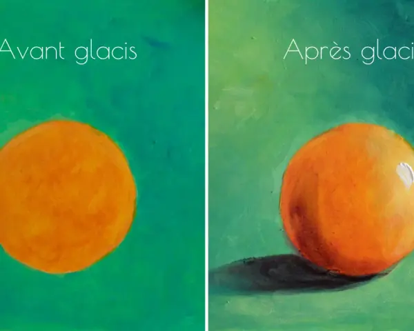 Avant/après : une sphère orange sur fond vert, montrant comment faire des effets avec de la peinture acrylique pour donner du volume et de la profondeur.