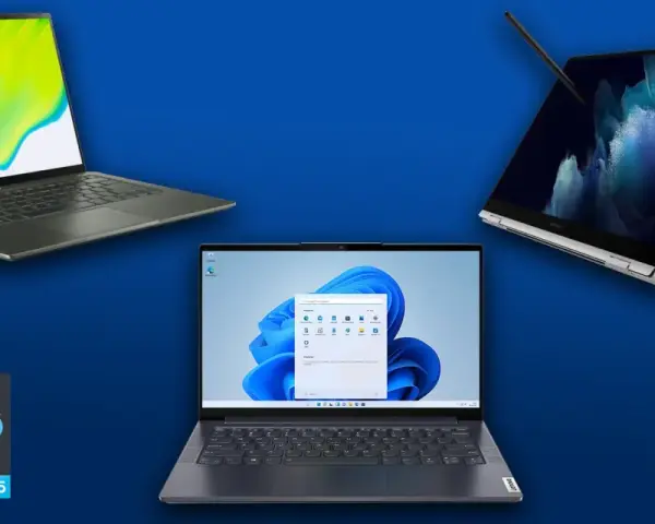 Drei Laptops mit Intel Evo-Logo, einer mit i5 und einer mit i7 Prozessor.