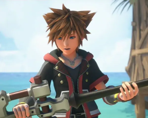 Sora, protagonista de la guía Kingdom Hearts 3, sostiene su Keyblade en una playa tropical.