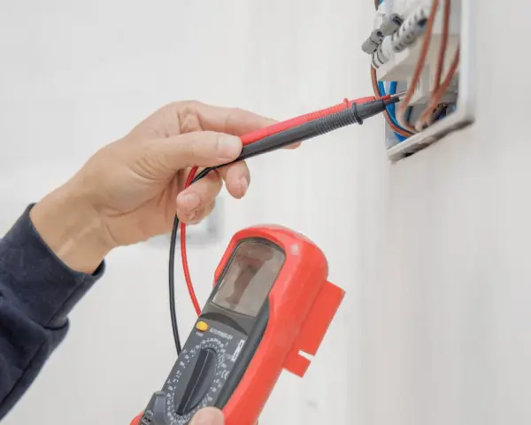 Elektryk sprawdza instalację elektryczną multimetrem, przygotowując protokół odbioru.