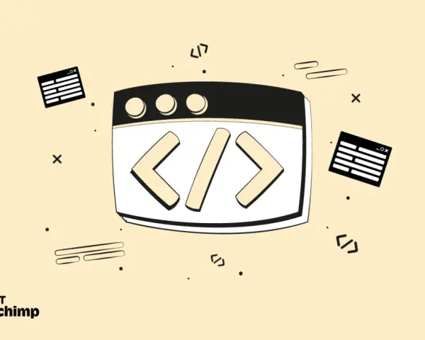 Webseite mit HTML-Tags und Code-Symbolen.