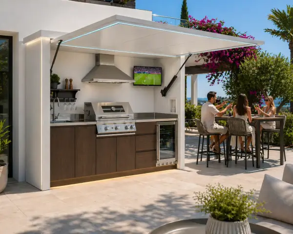 Idéal pour fabriquer un coin barbecue couvert : une cuisine extérieure moderne avec grill, évier, frigo et TV, où trois amis trinquent sous un auvent rétractable.