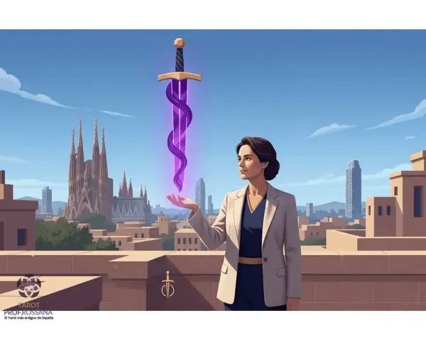 Una mujer con un traje beige levanta su mano, invocando un brillante as de espadas morado sobre un tejado con la Sagrada Familia al fondo.