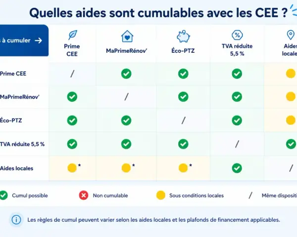 Tableau comparatif des aides cumulables avec les CEE, MaPrimeRénov', Éco-PTZ, TVA réduite et aides locales.