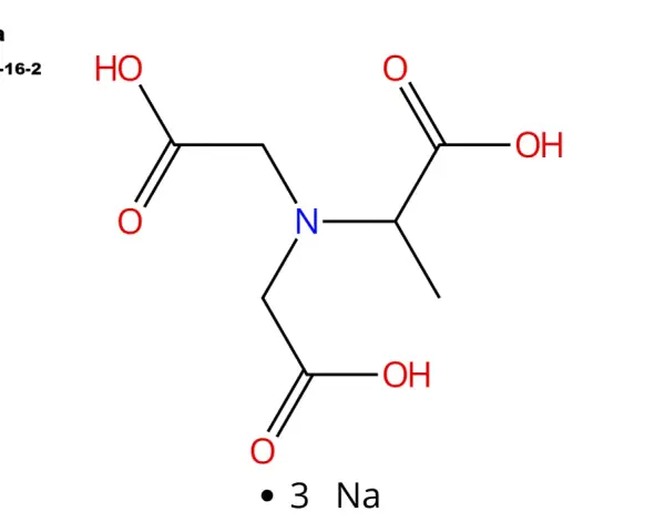 Struttura chimica del trisodium ethylenediamine disuccinate (MGDA 3Na), un agente chelante.