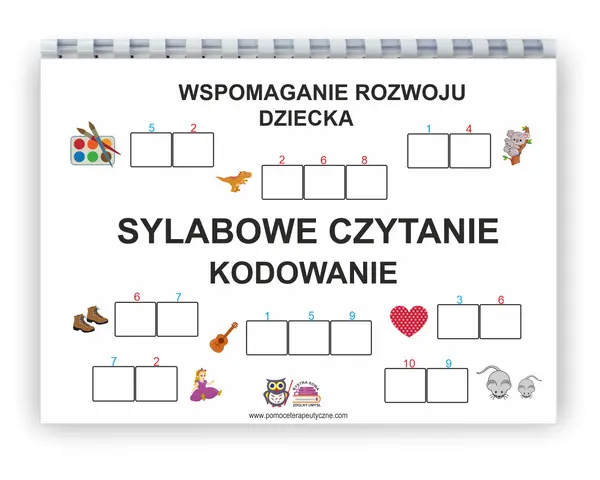 Pomoc w nauce czytania metodą sylabową. Dziecko koduje obrazki, dopasowując sylaby do pól.