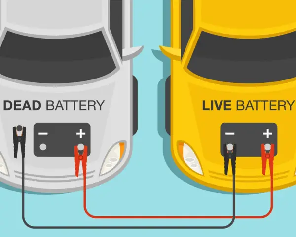Two cars, one with a dead battery and one with a live battery, are connected by jumper cables. This shows how to jump-start a car.