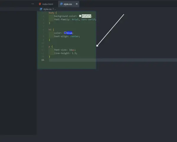 Fragment kodu CSS w edytorze, z podświetlonymi regułami dla body, h1 i p.