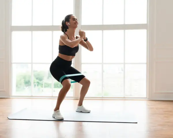 Femme souriante faisant un squat avec un élastique autour des cuisses, sur un tapis de yoga, devant une grande fenêtre lumineuse.