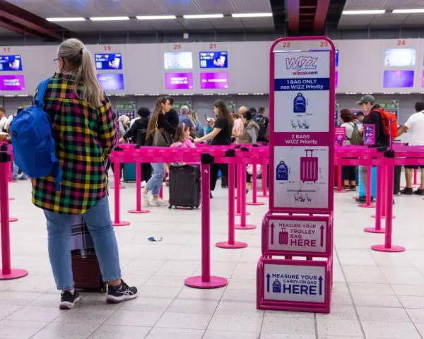Kolejka do odprawy Wizzair. Tablica informuje, co trzeba wyjąć z bagażu podręcznego: płyny, elektronikę i przedmioty ostre.