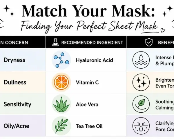 Chart showing facial mask benefits for dryness (Hyaluronic Acid for hydration), dullness (Vitamin C for brightening), sensitivity (Aloe Vera for soothing), and oily/acne (Tea Tree Oil for clarifying).
