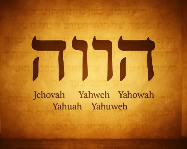 The Hebrew Tetragrammaton, representing who is Yahweh, is shown in large dark letters on a parchment background. Below, variations of the name are listed: Jehovah, Yahweh, Yahowah, Yahuah, Yahuweh.