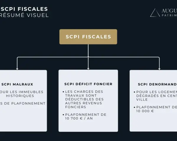 Résumé visuel des SCPI fiscales : SCPI Malraux, SCPI déficit foncier (charges déductibles, plafonnement 10 700€/an), SCPI Denormandie.
