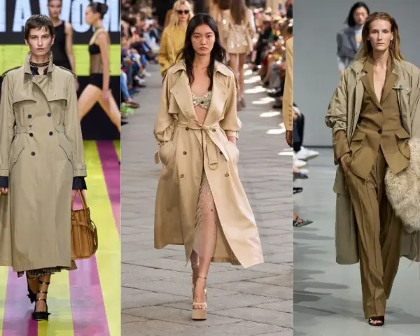 Modelle in passerella mostrano come abbinare un trench beige con abiti eleganti, casual e audaci, creando look sofisticati.
