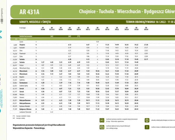 Rozkład jazdy PKP Bydgoszcz - Chojnice - Tuchola - Wierzchucin - Bydgoszcz Główna. Kursuje w soboty, niedziele i święta.