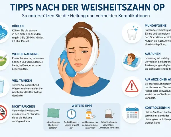 Tipps nach der Weisheitszahn-OP: Weiche Nahrung, Kühlung, Ruhe und Mundhygiene sind wichtig für die Heilung.