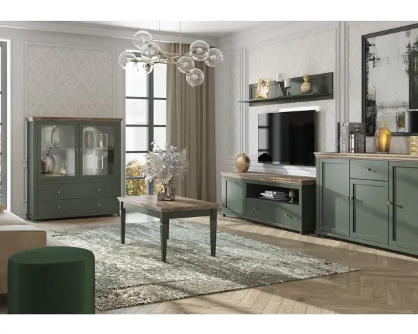 Elegancki salon z meblami w kolorze khaki. W centrum stolik kawowy, obok komoda i witryna. Na ścianie telewizor i półka.