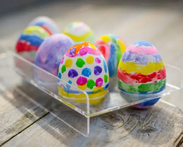 Huevos de Pascua decorados con vibrantes colores y patrones, listos para la búsqueda. ¡Un festín visual de colorear huevos de Pascua!