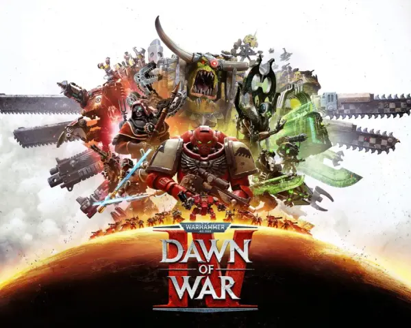 Un marine espacial rojo, un orco gigante y otras unidades de Warhammer 40,000 se alzan sobre un planeta en el arte de Dawn of War 4.