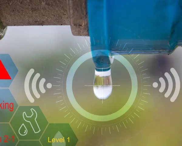 A water pipe is leaking, detected by no code IoT sensors. A warning icon and "Leaking" text are displayed.