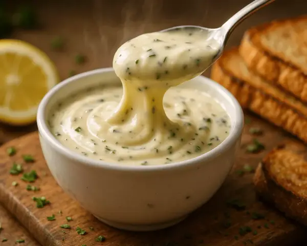Une cuillère de sauce au comté crémeuse et fumante, parsemée d'herbes, est retirée d'un bol blanc. Des toasts grillés et des citrons sont en arrière-plan.
