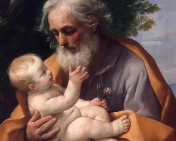 Święty Józef czule trzyma Dzieciątko Jezus, symbolizując opiekę i miłość. Obraz ten może inspirować do modlitwy do św. Józefa.