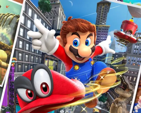 Mario salta en la ciudad, con su gorra Cappy y un dinosaurio. Un collage muestra escenas de Super Mario Odyssey, tu guía definitiva.