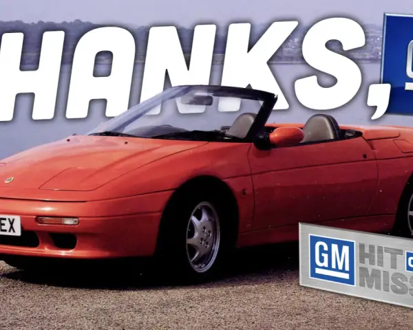 Red Lotus Elan M100 convertible sports car with "THANKS, GM" text and GM logos.