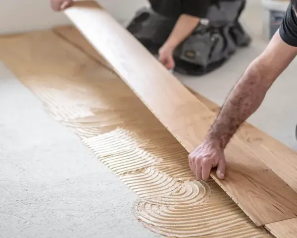Handwerker verlegen sorgfältig Parkett auf Kleber. Die Holzbretter werden präzise nebeneinander gelegt, um ein schönes Ergebnis zu erzielen.