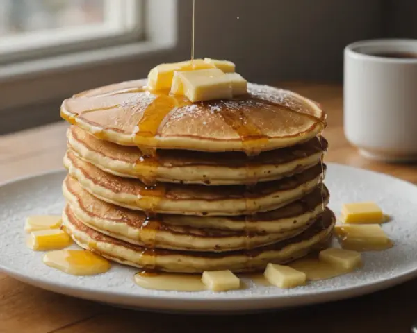 Pile de pancakes dorés arrosés de sirop et garnis de beurre, saupoudrés de sucre glace. Un délice pour le petit-déjeuner.
