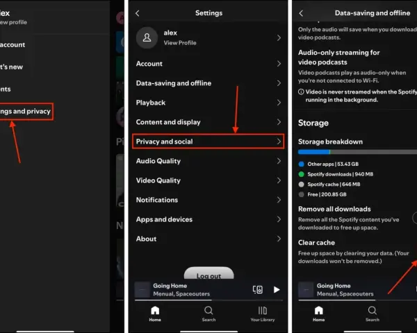 Steg-för-steg-guide för hur man tar bort en app från Spotify: Gå till Inställningar och integritet, sedan Integritet och socialt, och slutligen Rensa cache för att frigöra utrymme.