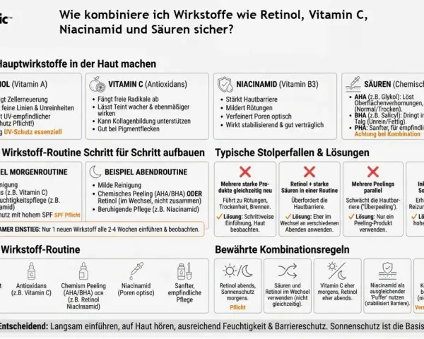 Infografik erklärt, wie man Retinol, Vitamin C und Niacinamid sicher kombiniert. Zeigt Vorteile und Anwendungsregeln für eine gesunde Haut.